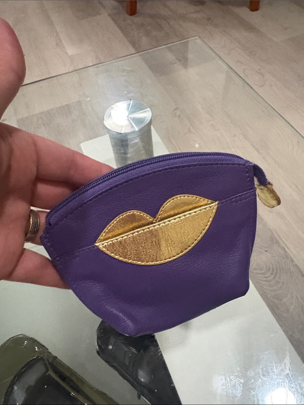 ILI New Yorl Leather Hot Lips Leather Cosmetic Pouch -Purple/Gold